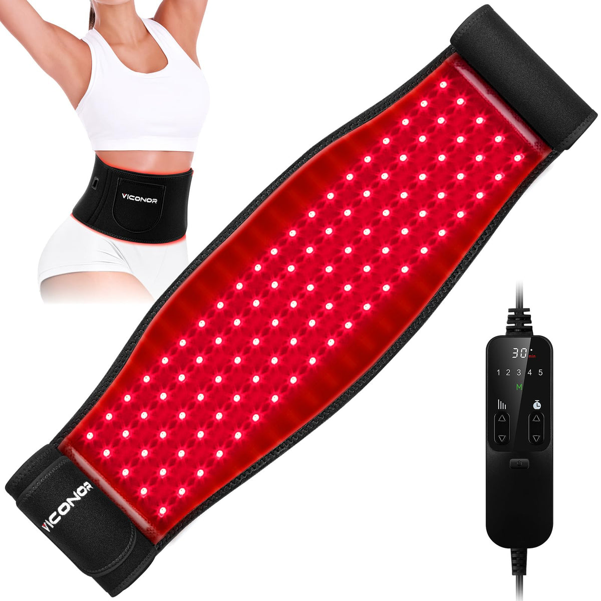 Viconor red light therapy belt front view for targeted body warmth and comfort