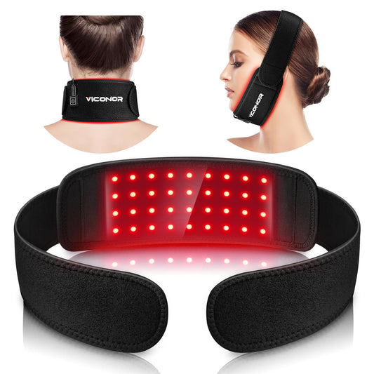 Viconor red-light therapy belt around the neck for targeted relief.