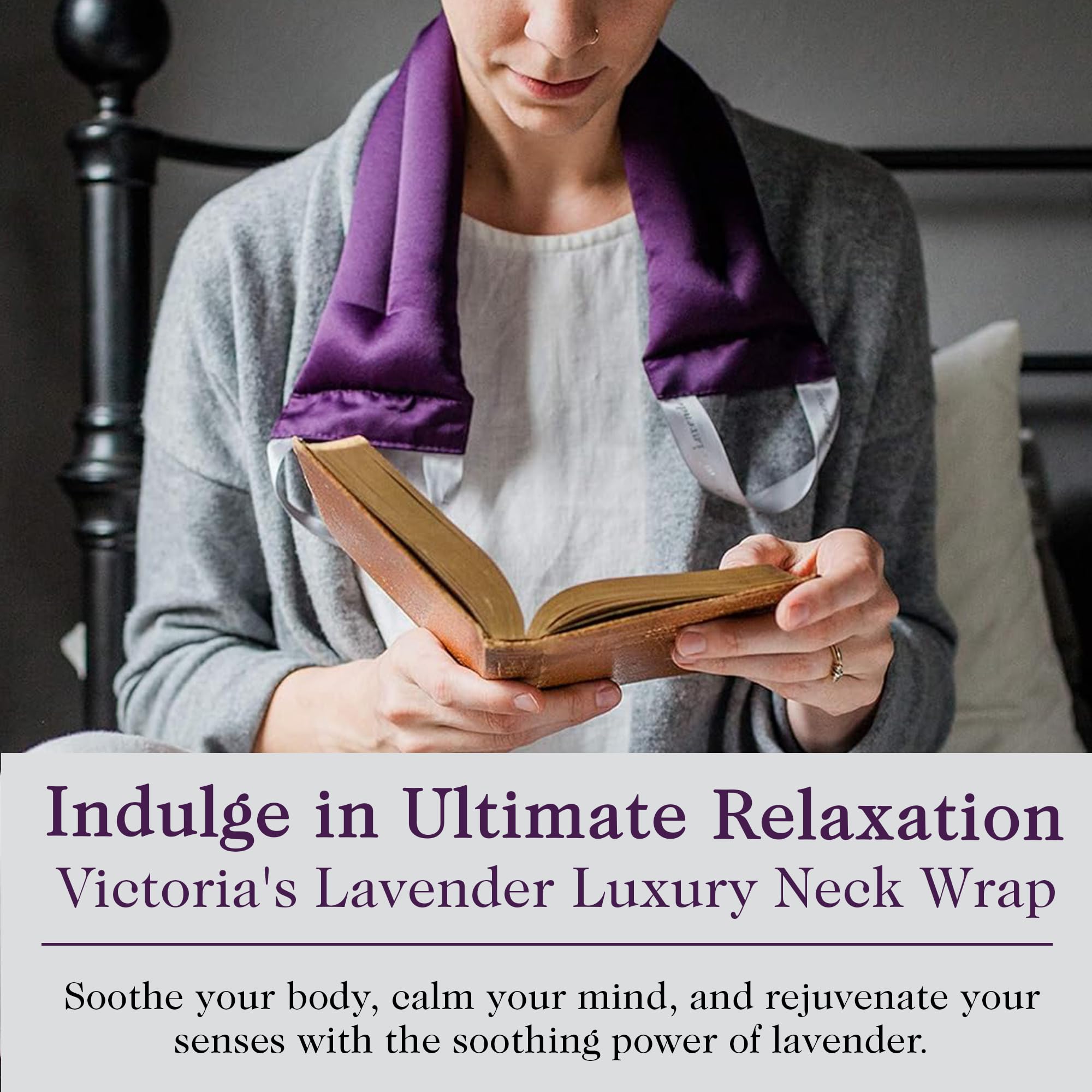 Victoria's Lavender extra-long neck wrap surrounds shoulders for enveloping comfort after work.