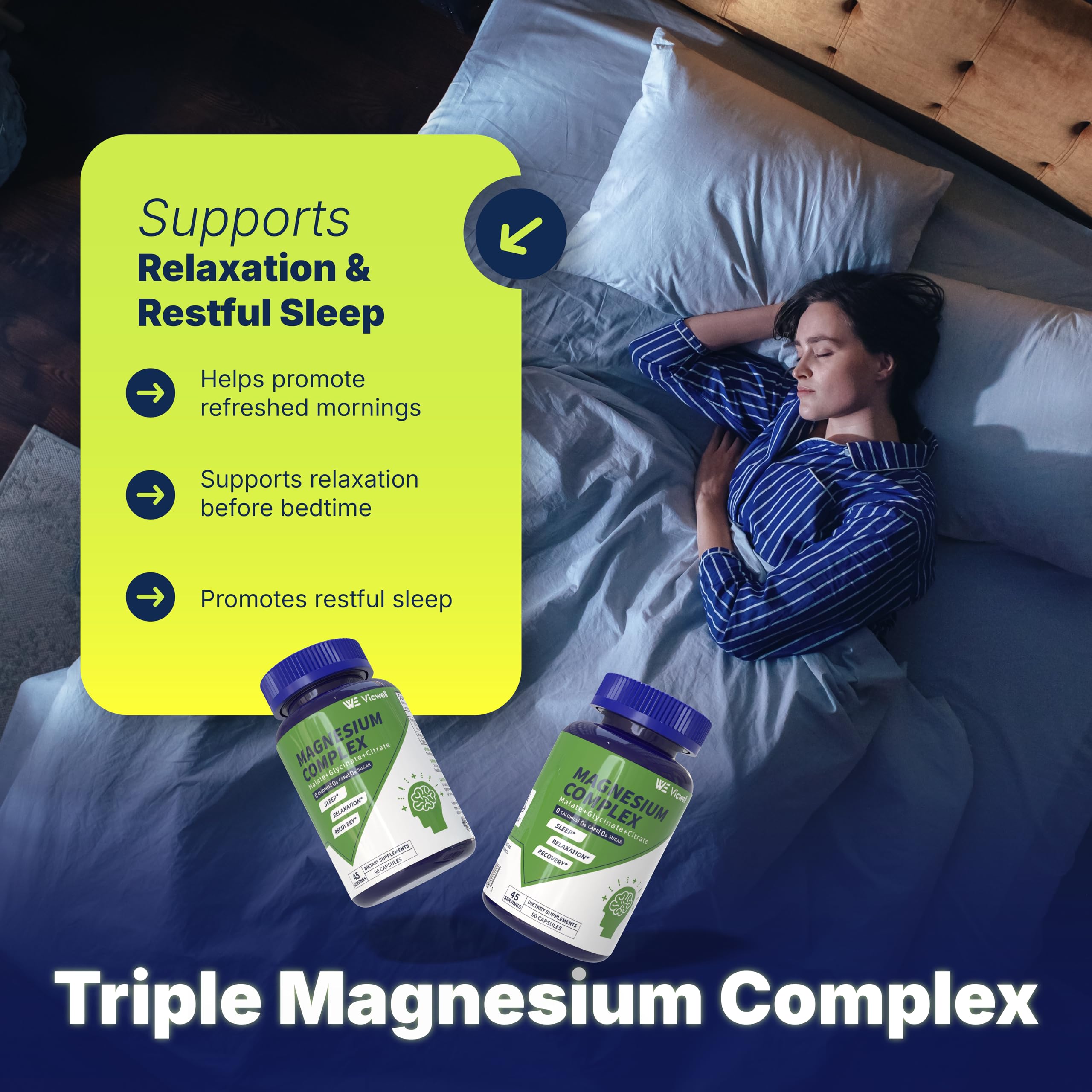 Two Vicwell magnesium bottles shown to indicate 180 capsules total.
