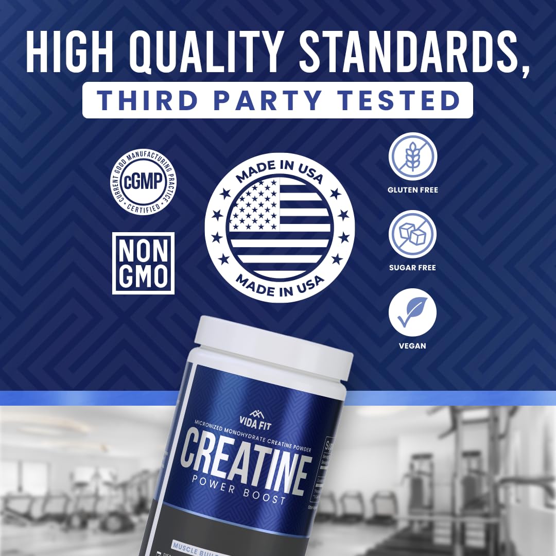 Vida Fit creatine powder label highlights NSF certification and third-party testing.