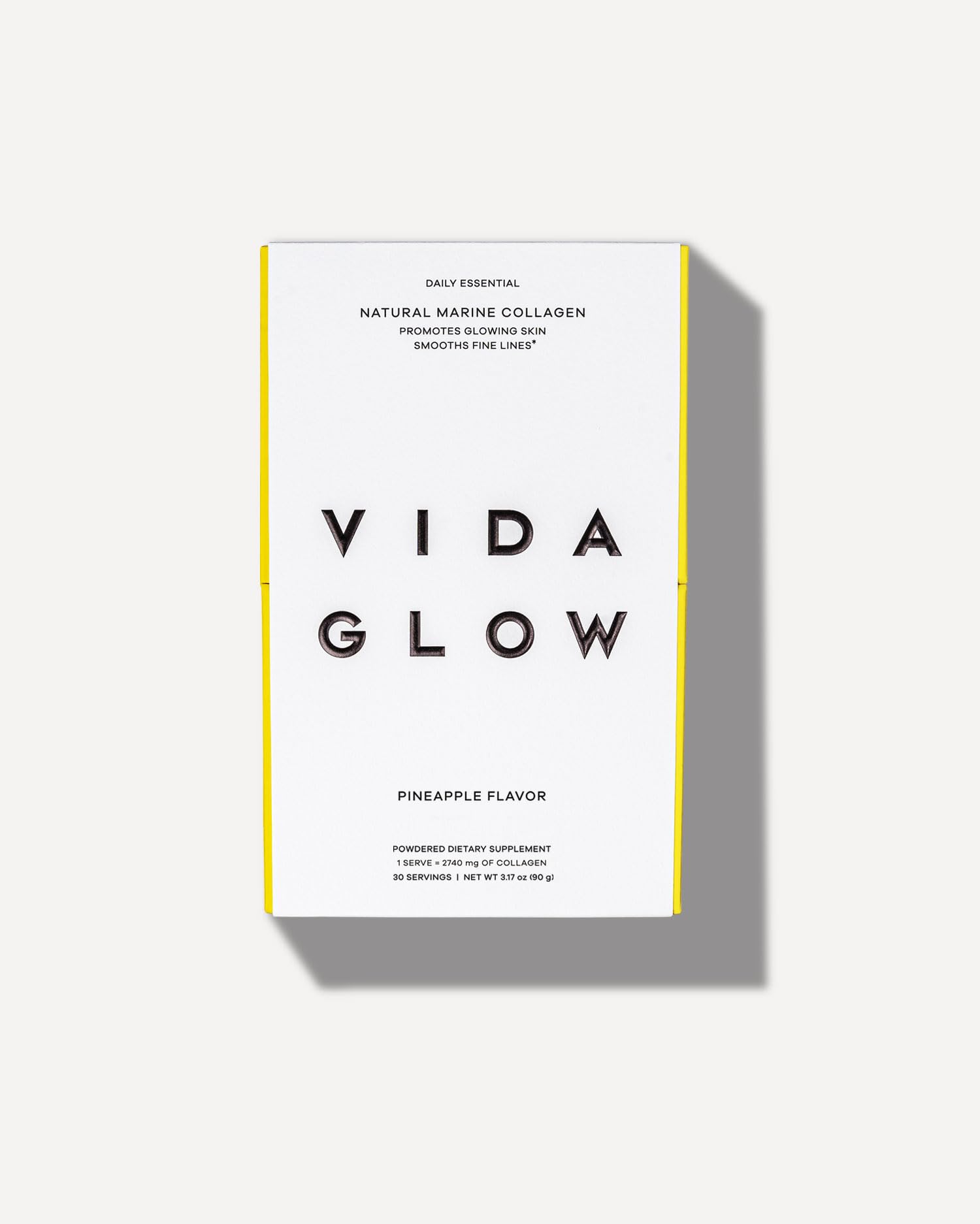 Vida Glow Marine Collagen Pineapple tub shows packaging and powder texture for daily radiant skin support.