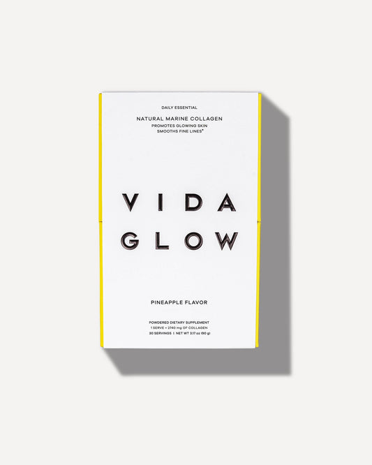 Vida Glow Marine Collagen Pineapple tub shows packaging and powder texture for daily radiant skin support.