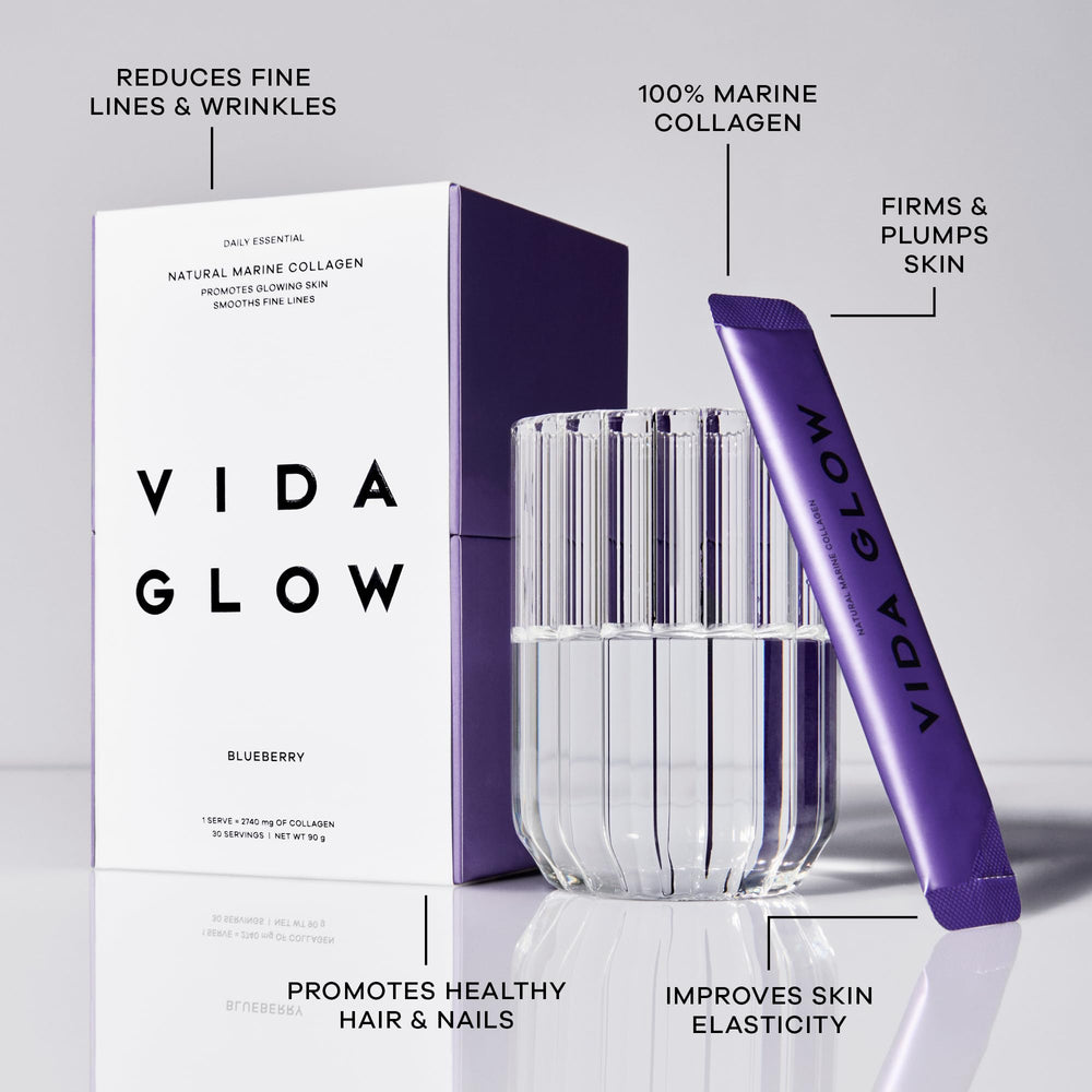 Vida Glow Marine Collagen powder sachet for portable daily doses and convenience.
