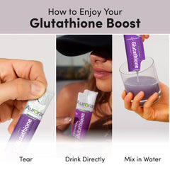 Glutathione packets image communicates standalone servings for daily antioxidant support.