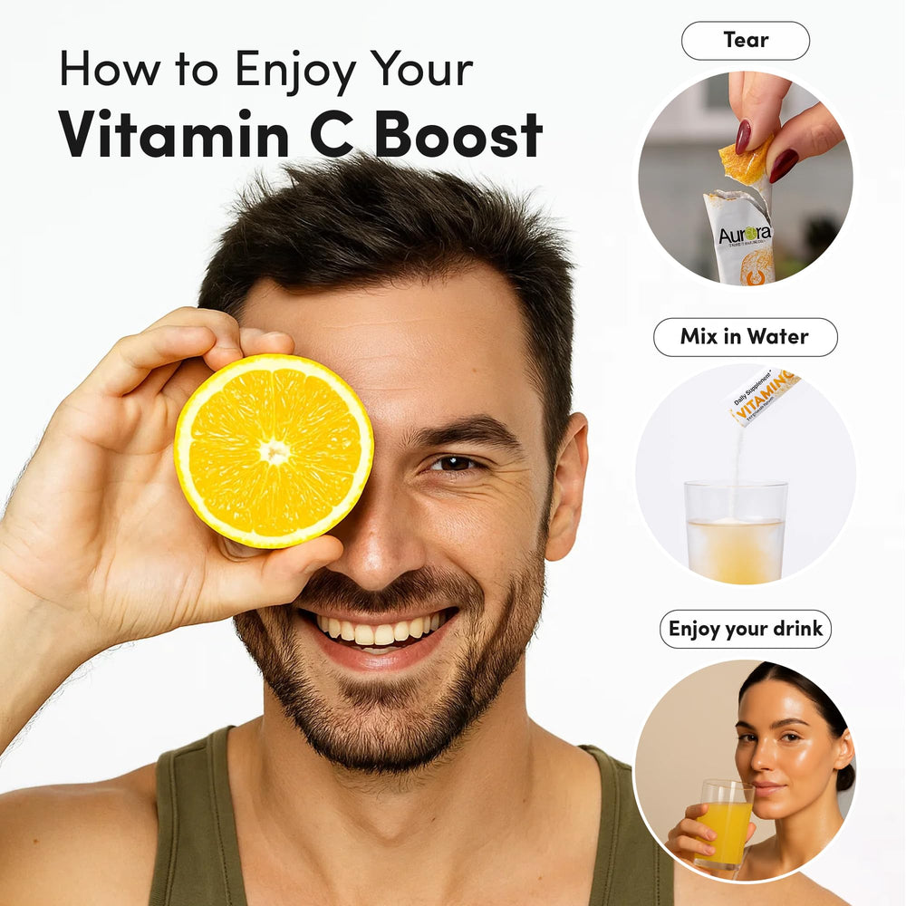 Dissolving Aurora Vitamin C powder in water demonstrates easy mixability and refreshing flavor