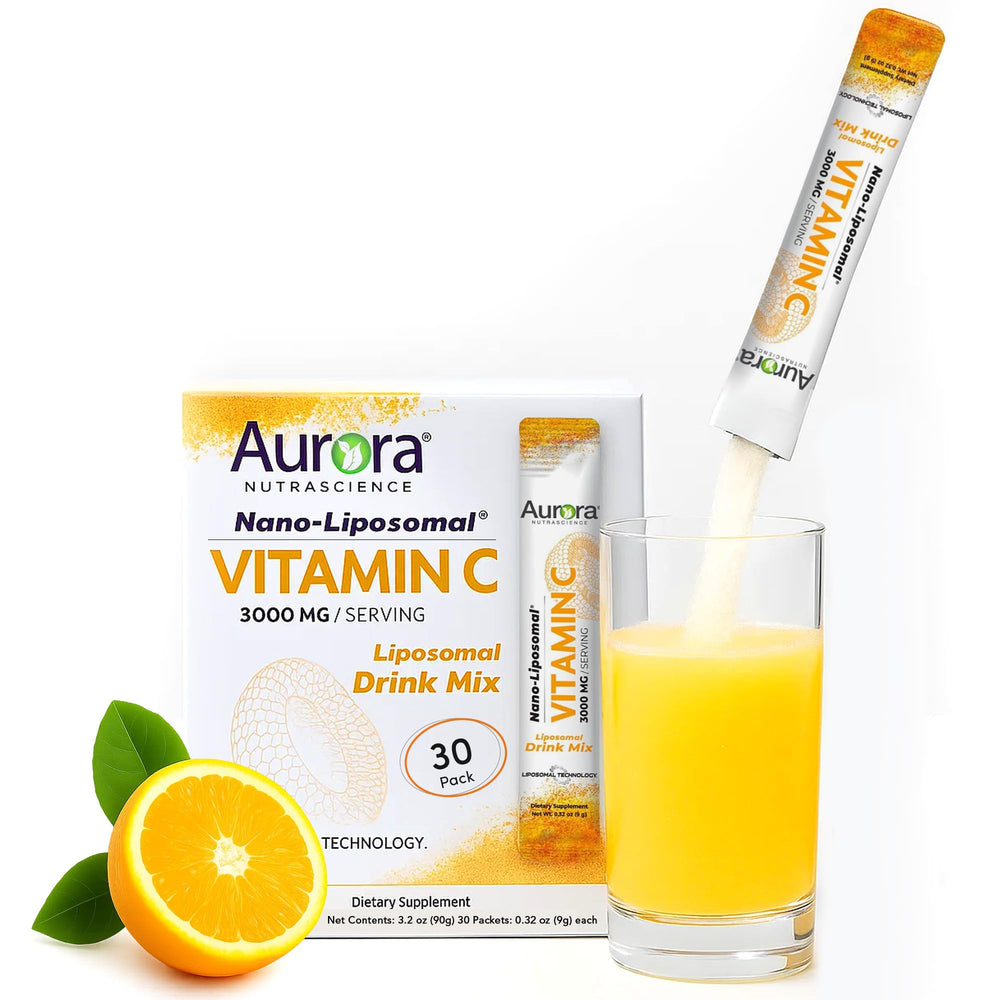 Vida Lifescience Aurora liposomal Vitamin C powder in orange bottle highlights high absorption