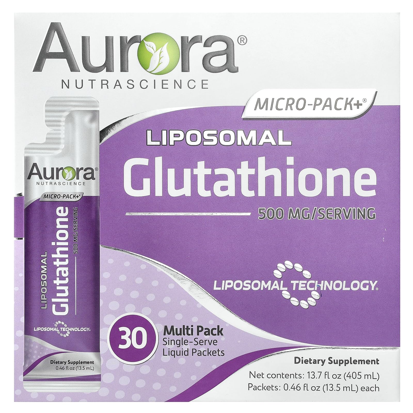 Vida Lifescience Aurora packaging showcases gluten-free, non-GMO liposomal glutathione in travel-ready packs.