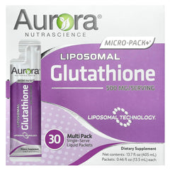 Vida Lifescience Aurora packaging showcases gluten-free, non-GMO liposomal glutathione in travel-ready packs.