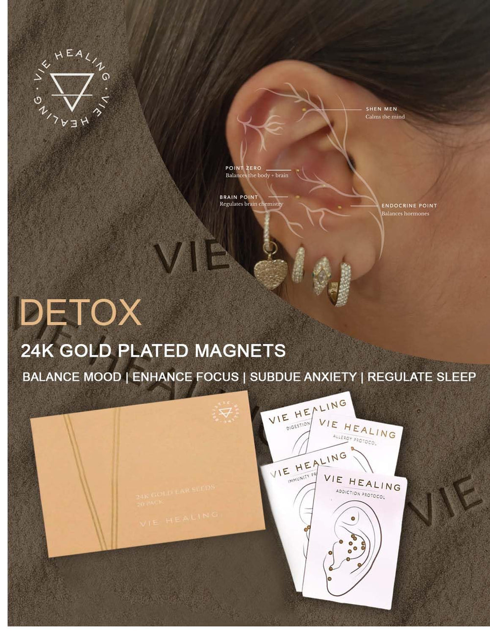 Vie Healing ear seeds on ear demonstrate discreet wearable wellness.