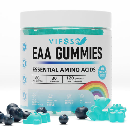 VIFSSG EAA Gummies blue raspberry bottle supports daily energy during workouts.