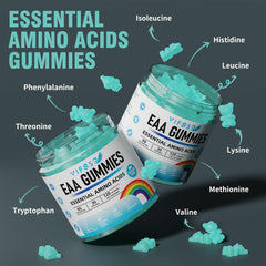 VIFSSG EAA Gummies blue raspberry close-up shows chewy texture for on-the-go nutrition.