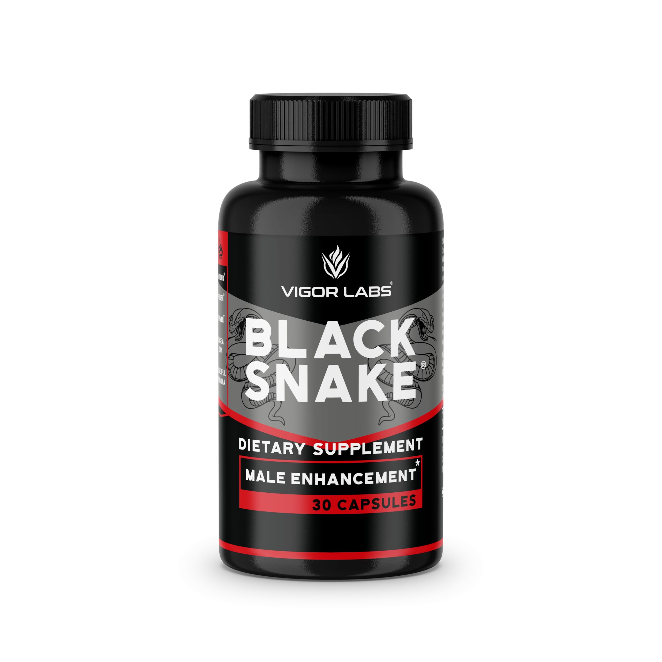 Vigor Labs Black Snake capsules close-up highlighting natural ingredients for daily vitality