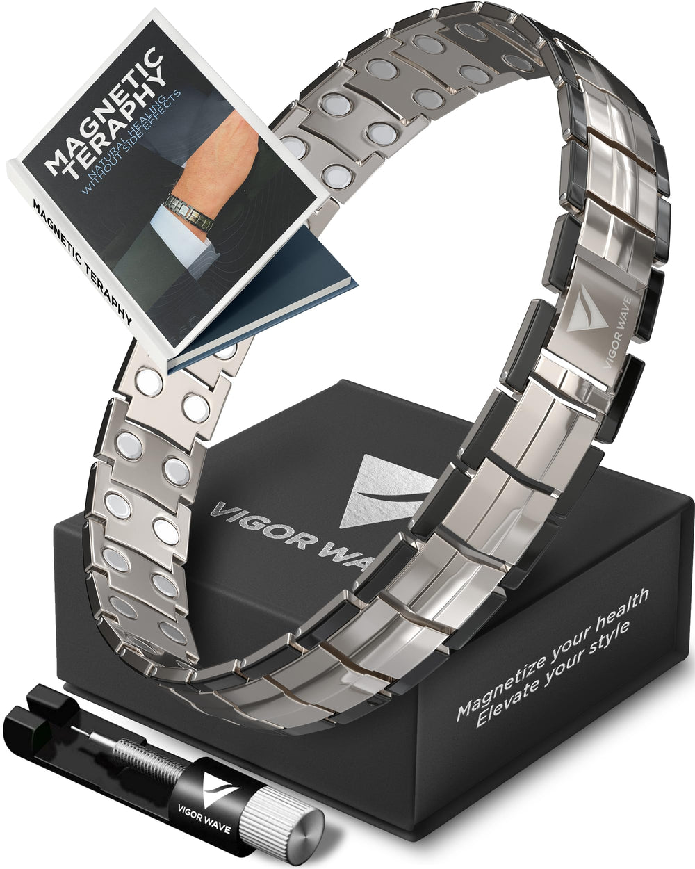 Vigor Wave magnetic bracelet for men — close-up of durable titanium design for daily wear