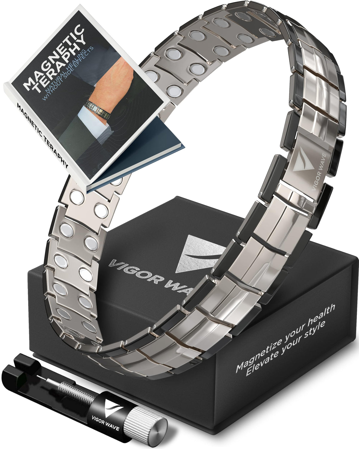 Vigor Wave magnetic bracelet for men — close-up of durable titanium design for daily wear