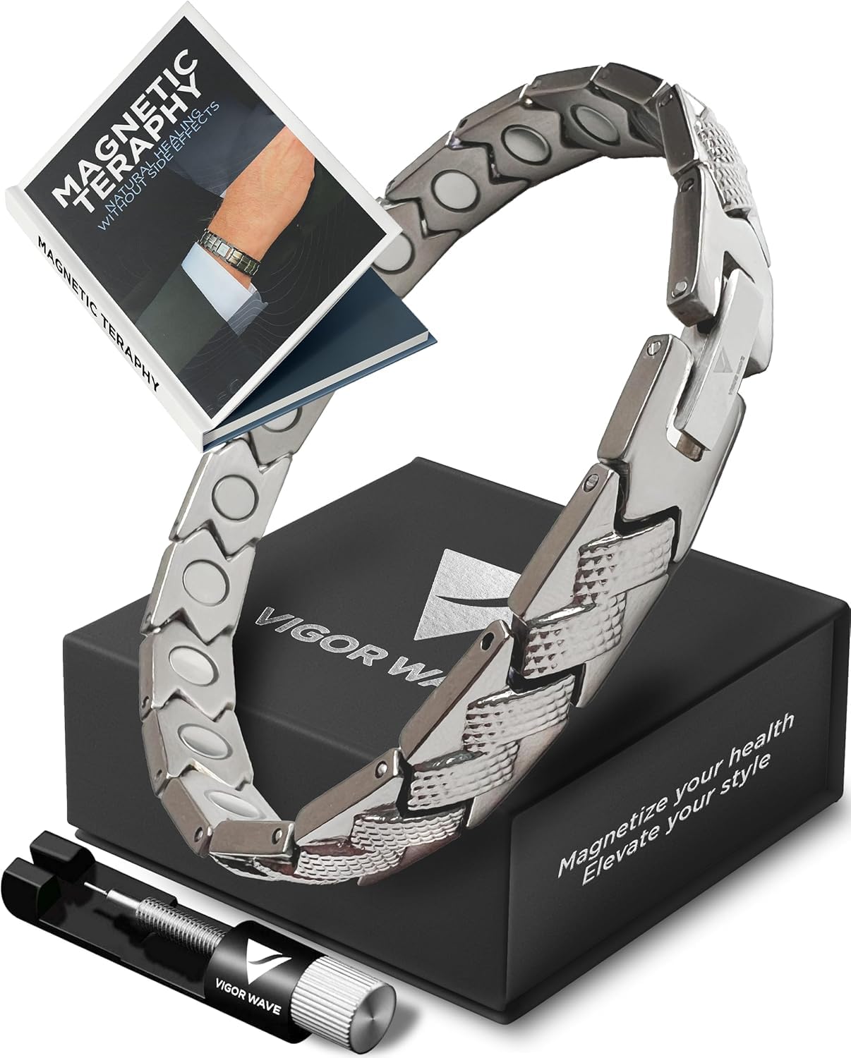 Vigor Wave men's magnetic bracelet front view highlighting style and comfort.