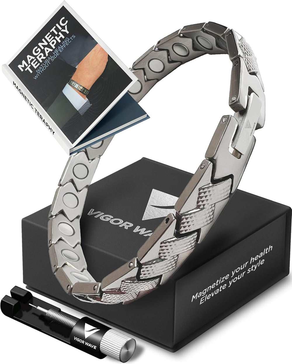 Vigor Wave men's magnetic bracelet front view highlighting style and comfort.