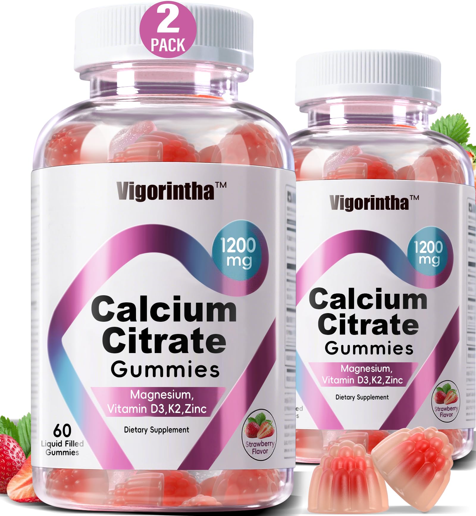 Vigorintha Calcium Citrate Gummies bottle highlighting 1200 mg per gummy for easy daily calcium intake