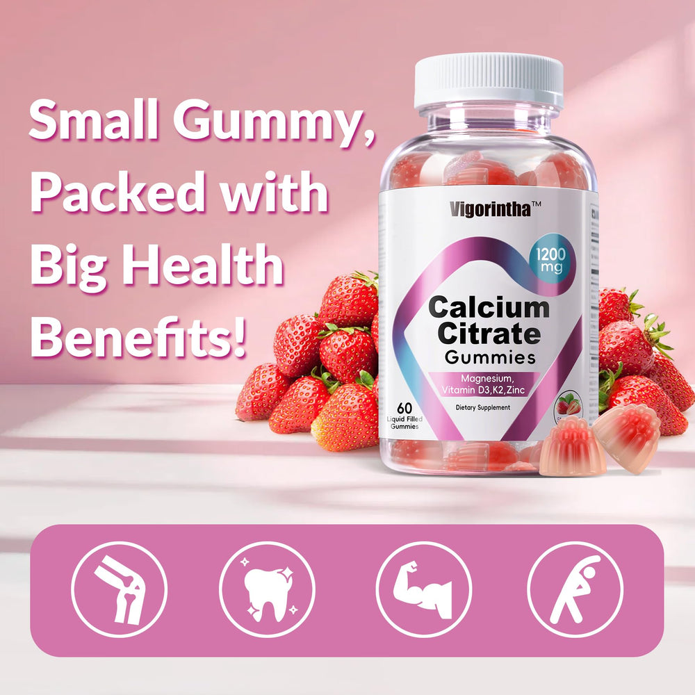 Vigorintha Calcium Gummies strawberry flavor close-up emphasizes tasty vegan option