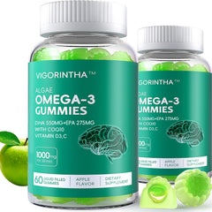 Vigorintha vegan omega-3 gummies bottle front for easy daily omega-3 intake.