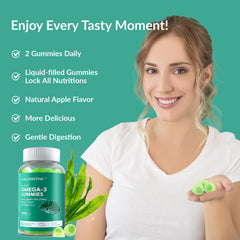 Vigorintha vegan omega-3 gummies bottle-side with ingredients overview.