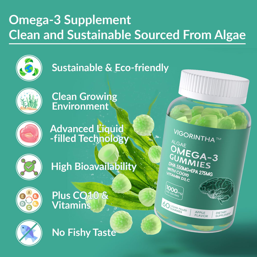 Vigorintha vegan omega-3 gummies pack-two showing two-bottle packaging.