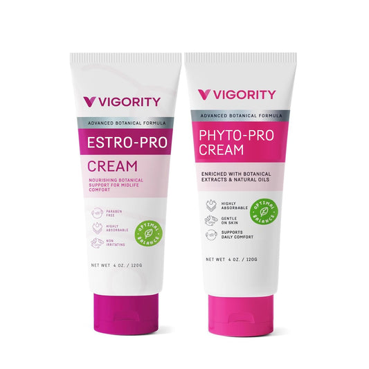 Vigority Estro-Pro cream bottle showing daily hydration potential for midlife skin.