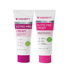 Vigority Estro-Pro cream bottle showing daily hydration potential for midlife skin.