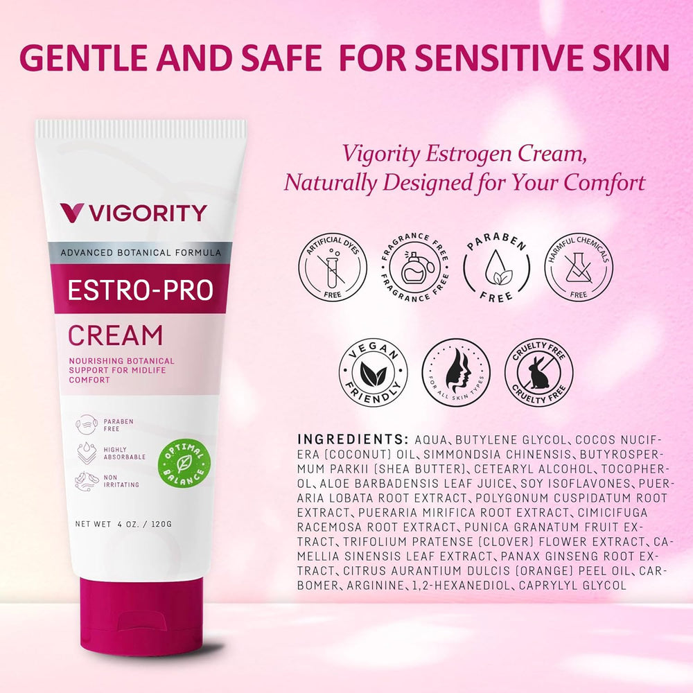 Vigority Estro-Pro cream texture close-up reveals creamy, non-irritating feel.