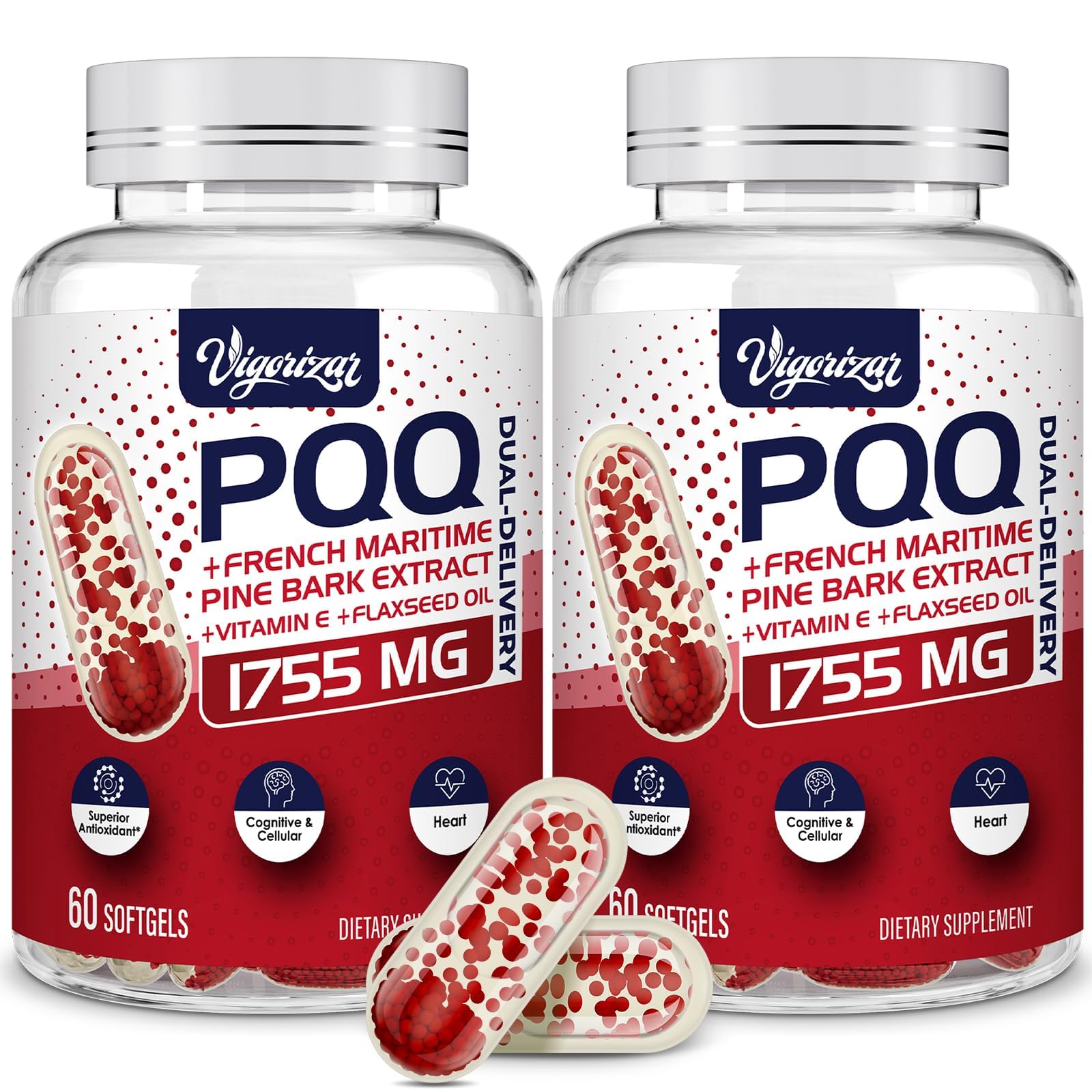 Vigorizar Pycnogeno dual-delivery bottle with vegan softgels for daily wellness.