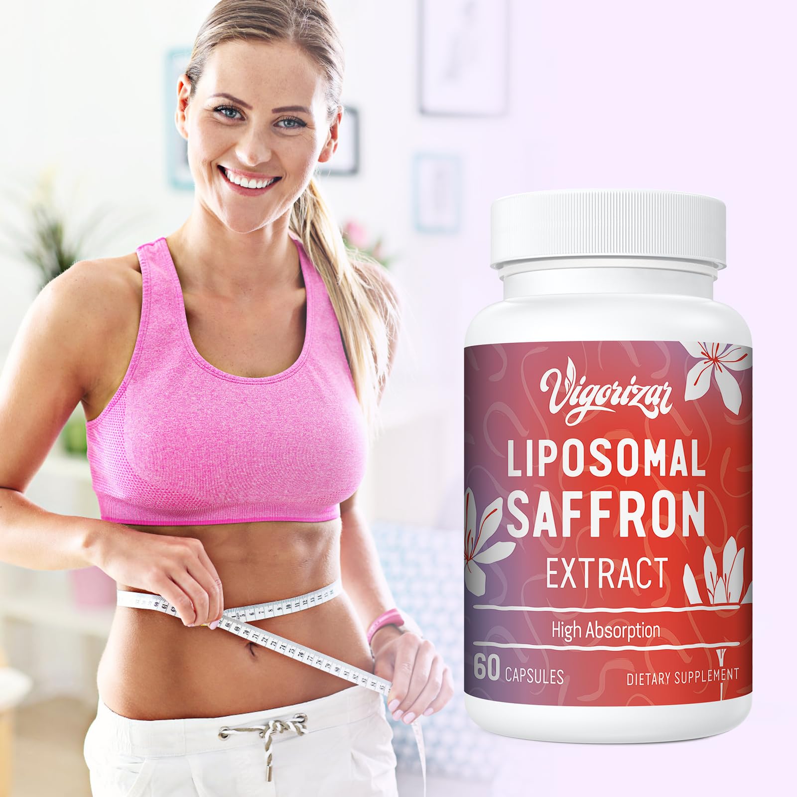 Vigorizar saffron packaging shows 120 vegan capsules for daily routine.