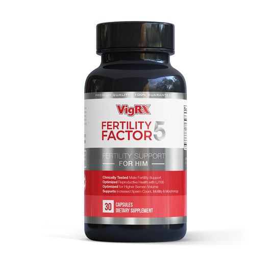 VigRX Fertility Factor 5 capsules closeup, daily use for reproductive wellness.