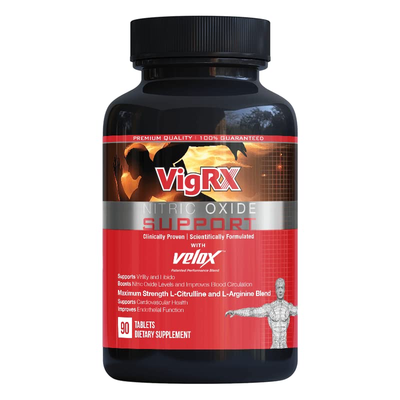 VigRX Nitric Oxide Support bottle close-up suggesting potential vitality support during workouts.