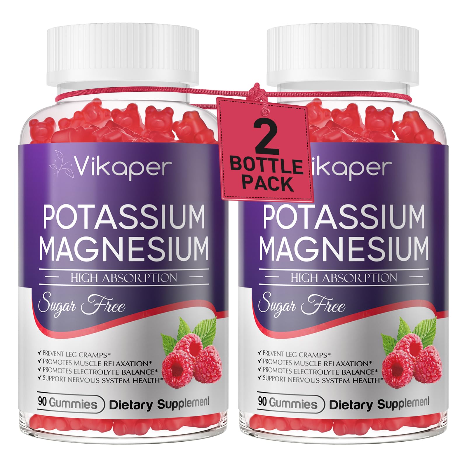 VIKAPER potassium-magnesium gummies raspberry bottle promotes daily mineral support.