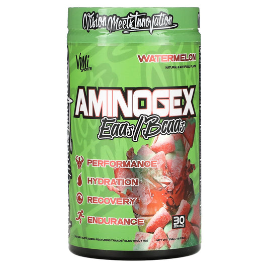 VMI Sports Aminogex Ultra watermelon bottle for on-the-go hydration with BCAAs.