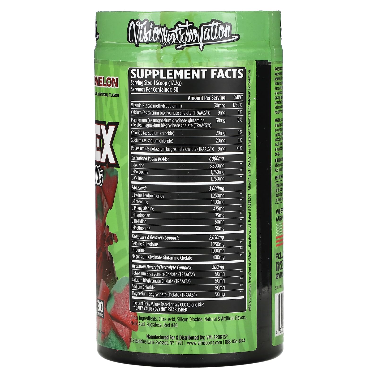 VMI Sports Aminogex Ultra watermelon powder being poured for easy gym mixing.