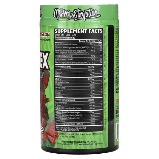 VMI Sports Aminogex Ultra watermelon powder being poured for easy gym mixing.
