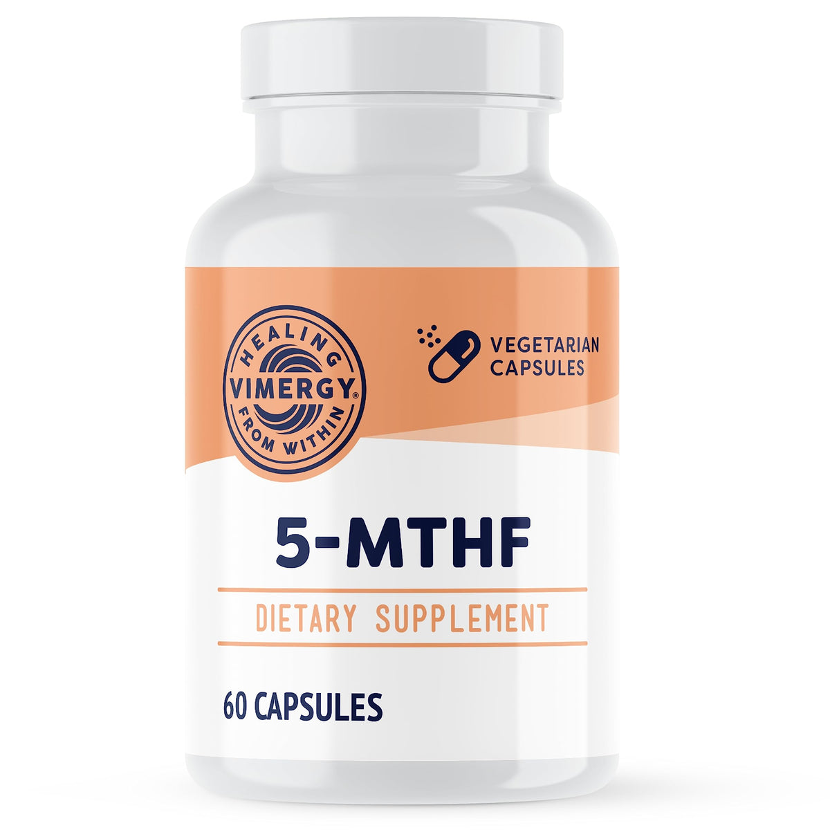 Vimergy 5-MTHF capsules bottle on a counter for daily brain and energy support.