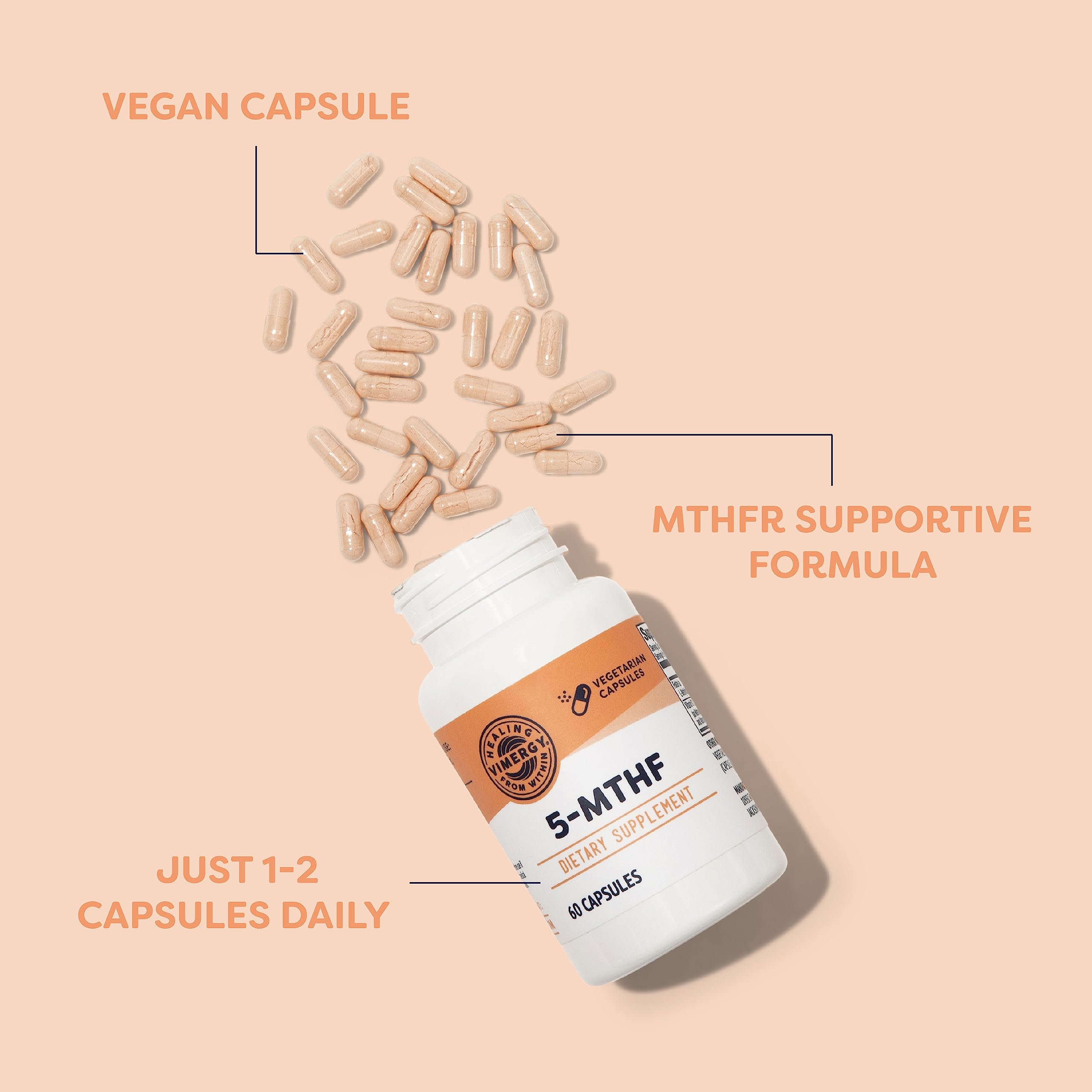 Close-up of Vimergy 5-MTHF label highlighting vegan, gluten-free formula.