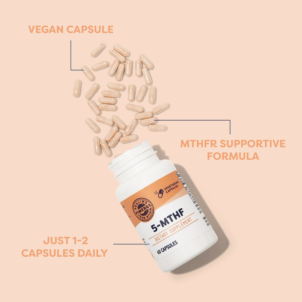 Close-up of Vimergy 5-MTHF label highlighting vegan, gluten-free formula.