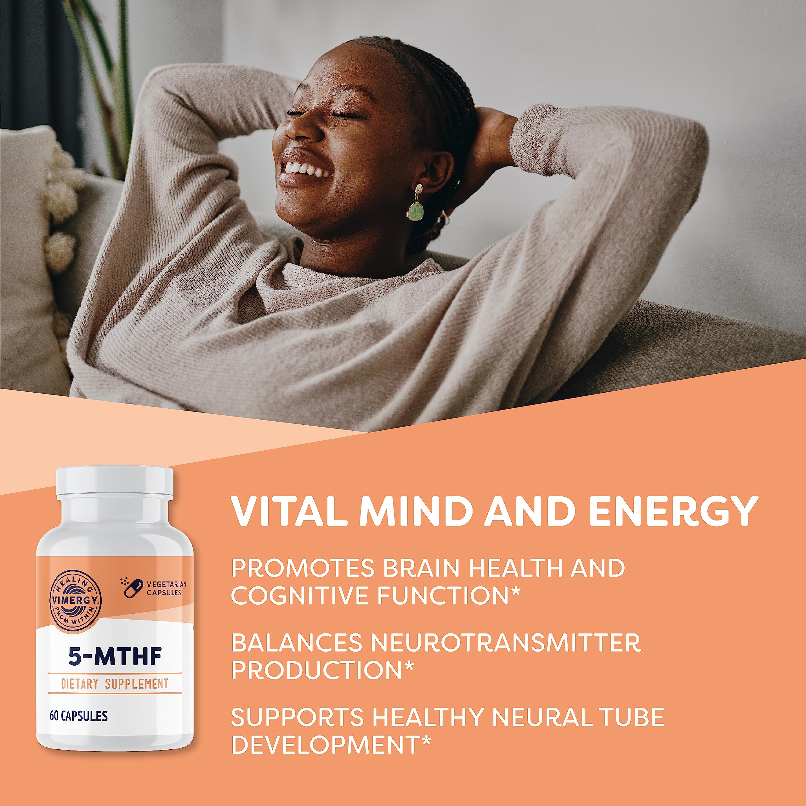 Vimergy 5-MTHF capsules being poured for easy daily use and mixability.