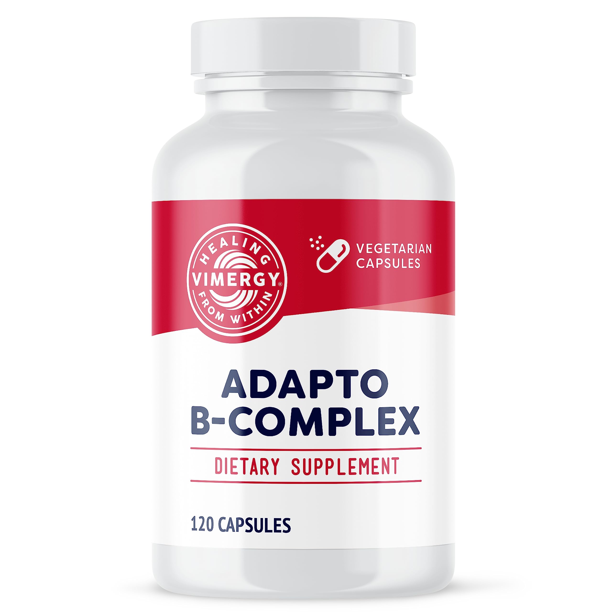 Vimergy Adapto B Complex bottle label shows active B vitamins for daily energy.