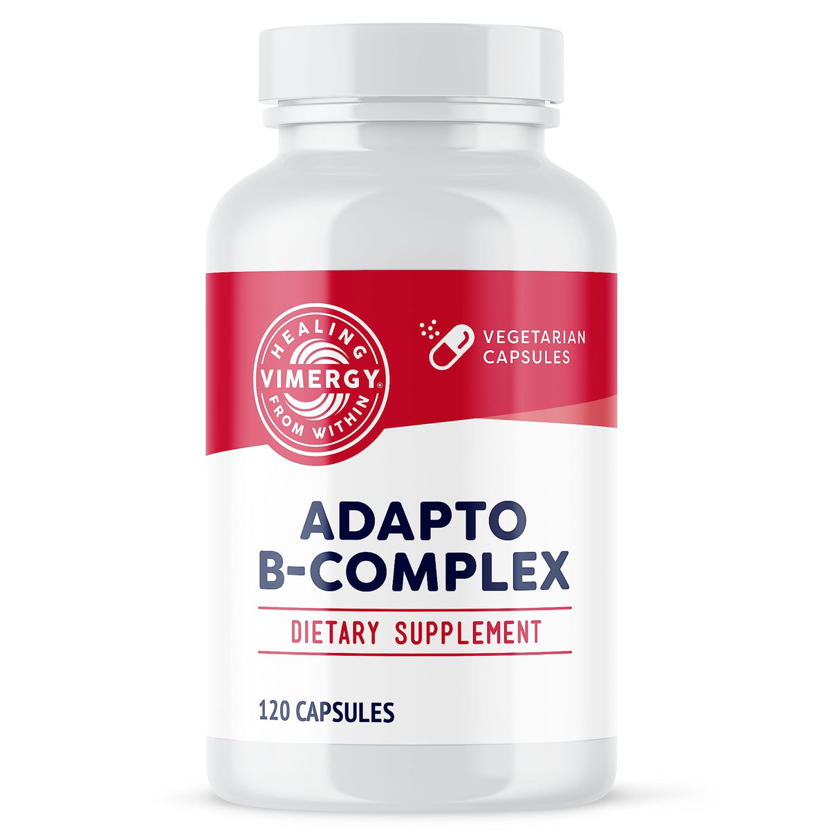Vimergy Adapto B Complex bottle label shows active B vitamins for daily energy.