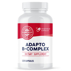Vimergy Adapto B Complex bottle label shows active B vitamins for daily energy.