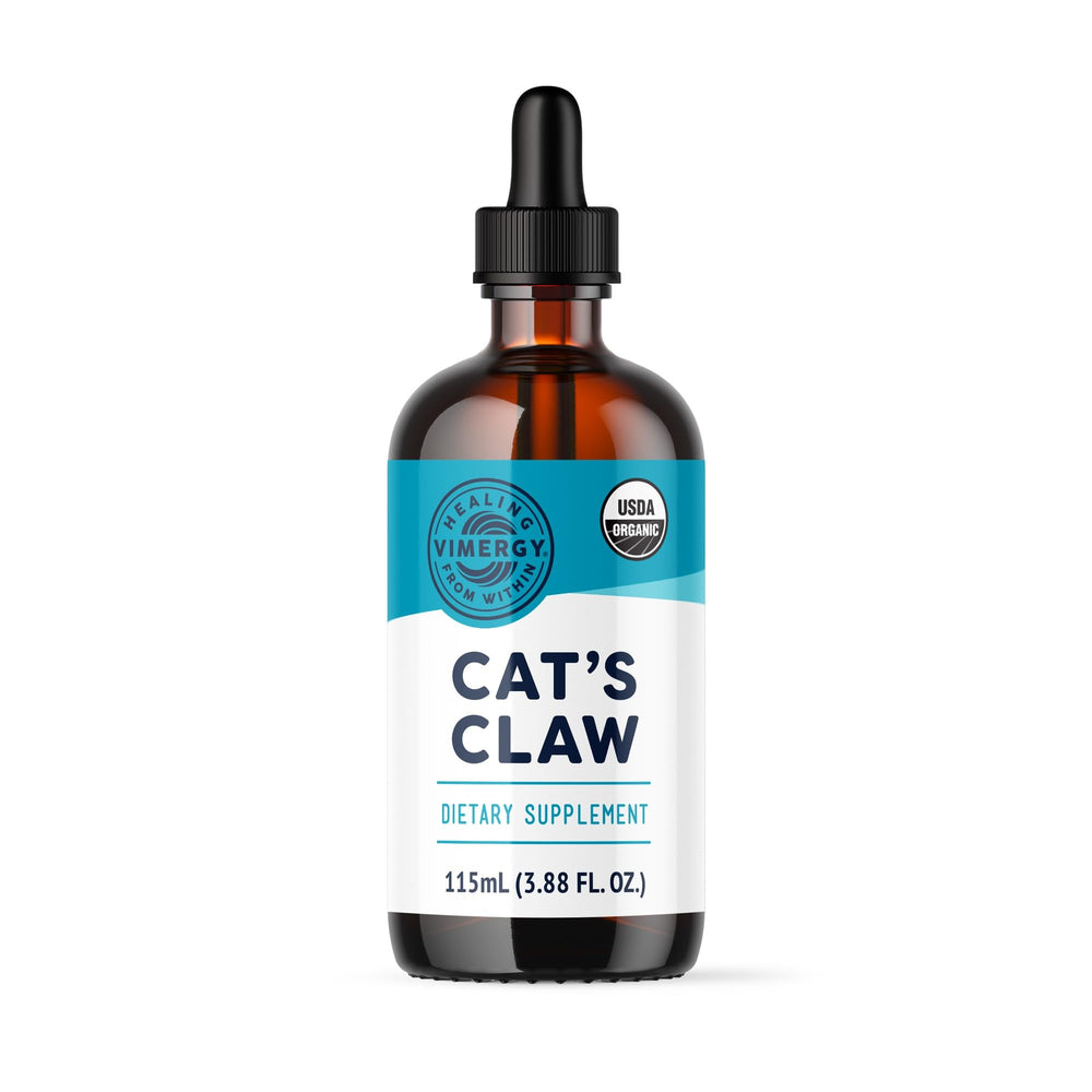 Vimergy Cats Claw Liquid bottle pour for easy daily use and potential antioxidant benefits