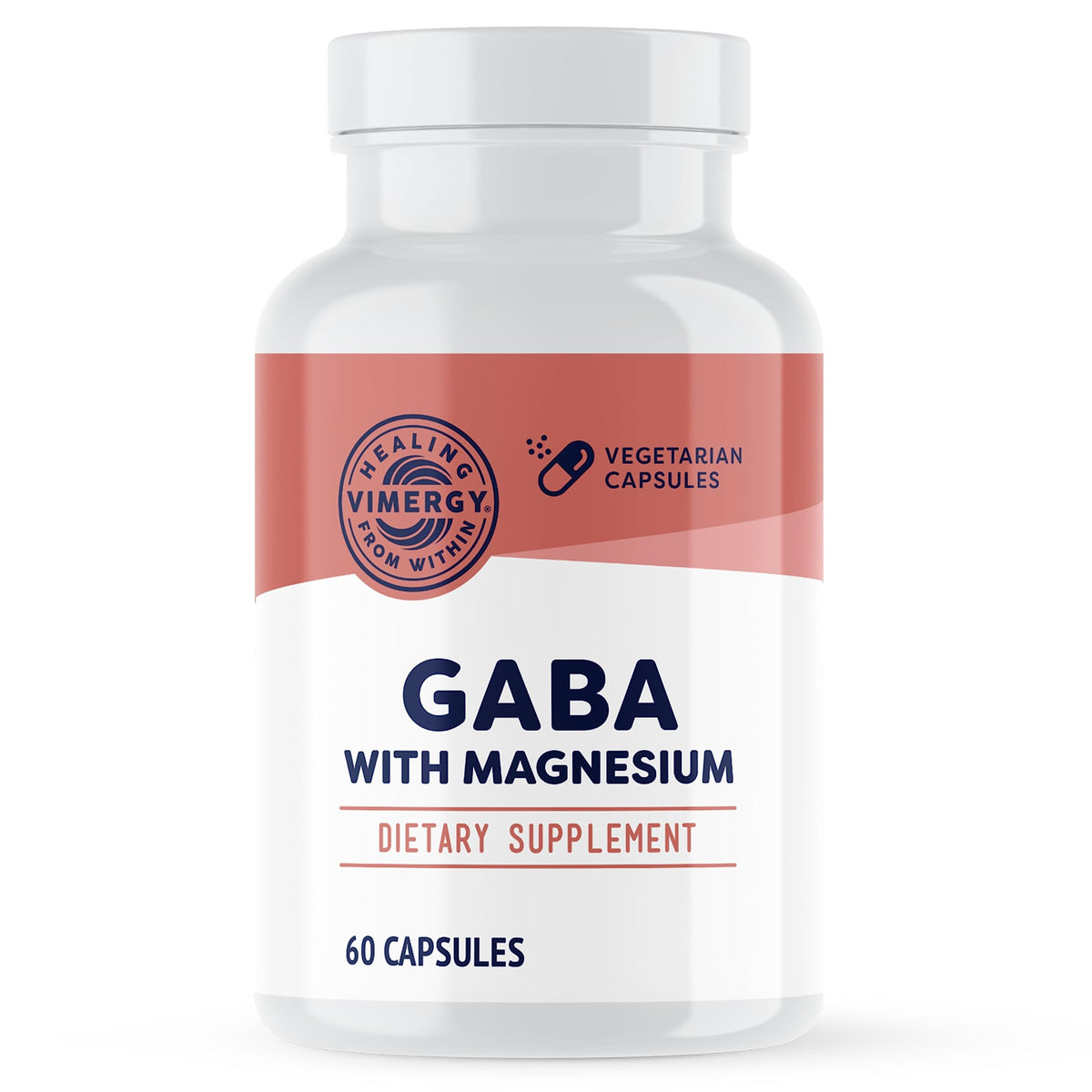 Vimergy GABA with Magnesium bottle highlighting a relaxing wellness supplement.