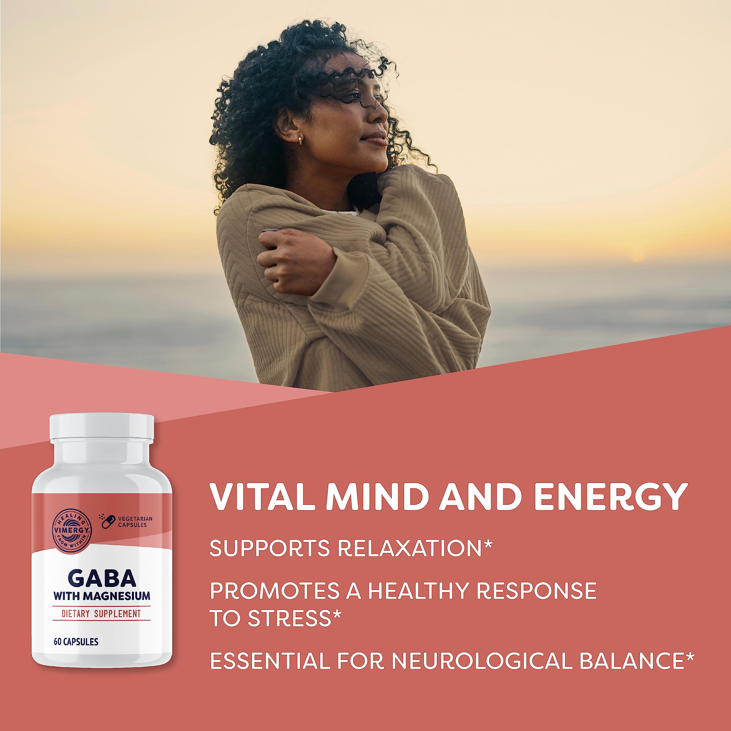 Close-up of Vimergy GABA capsules emphasizes convenient daily use.