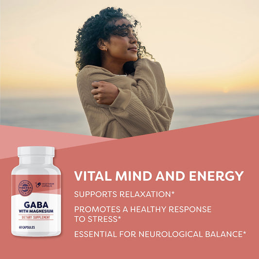 Close-up of Vimergy GABA capsules emphasizes convenient daily use.