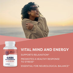 Close-up of Vimergy GABA capsules emphasizes convenient daily use.