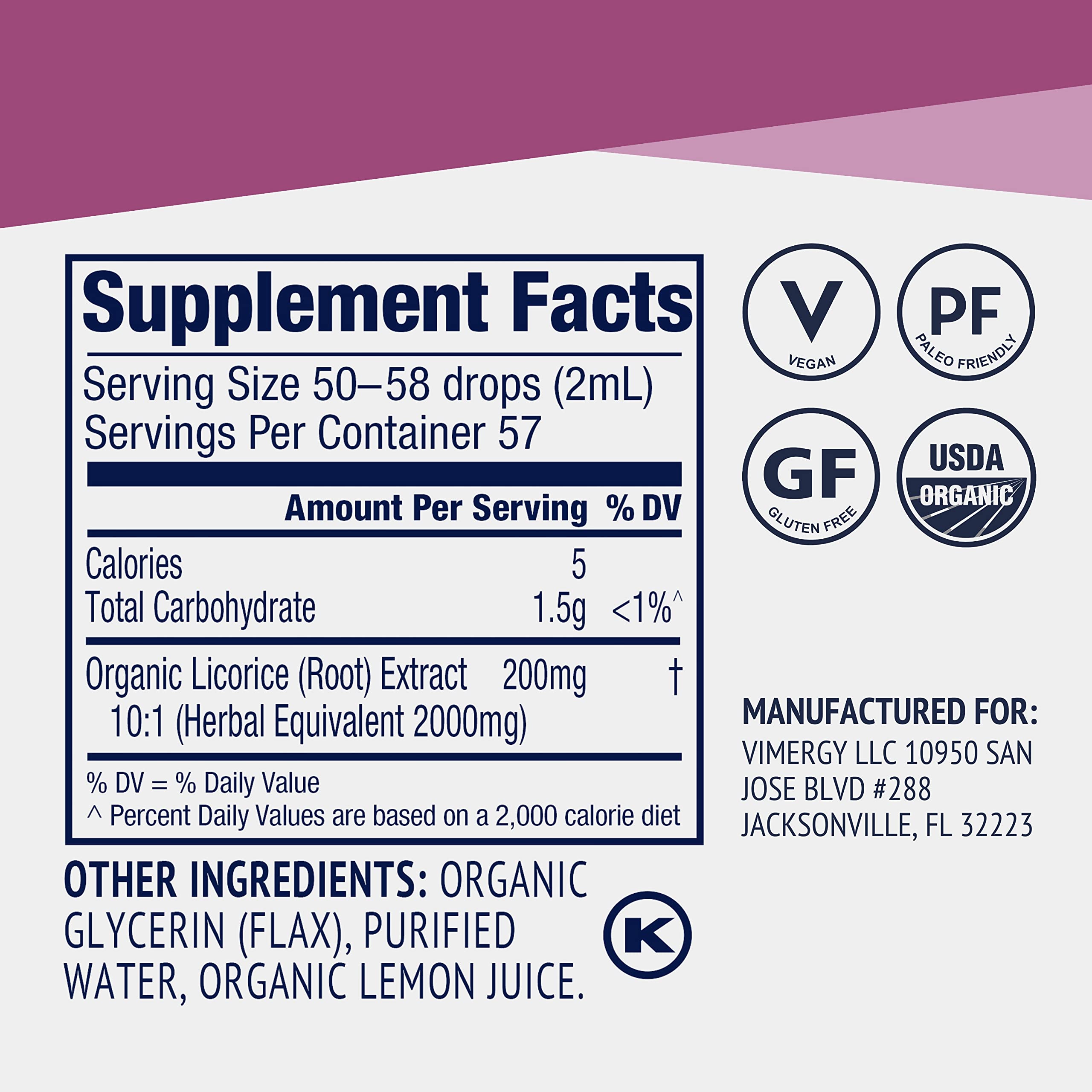 Vimergy licorice label close-up highlighting organic certification